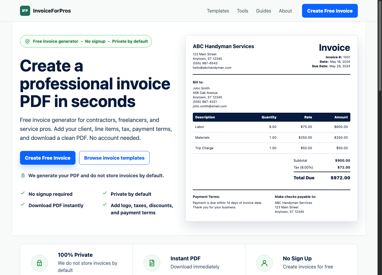 InvoiceForPros homepage showing a free invoice generator and invoice preview